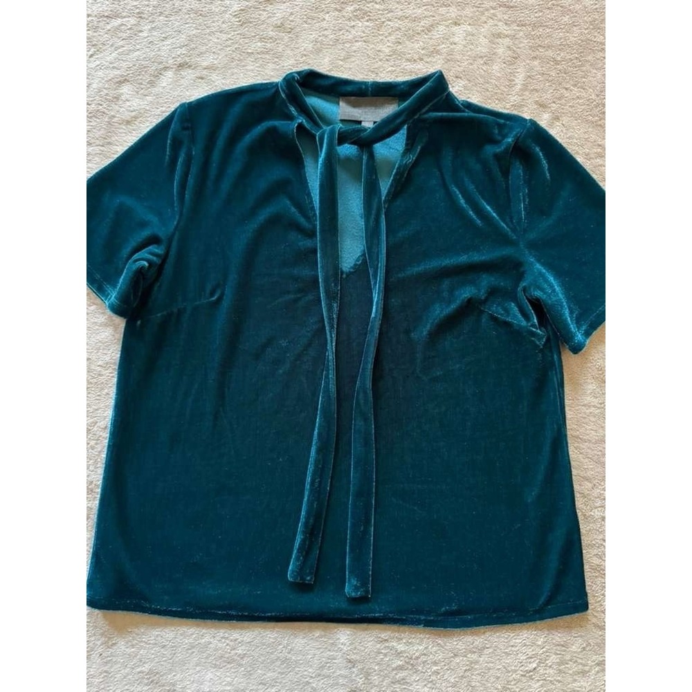 Sunday in Brooklyn Teal Blue Velvet Tie-Neck Short Sleeve Top Anthropologie S - Picture 2 of 8
